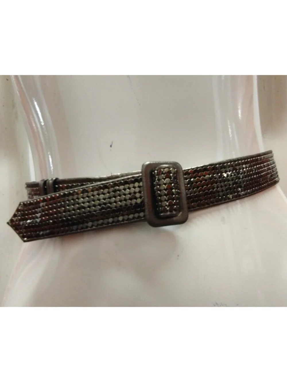 1970s Metal Mesh Olive Metallic Leather Belt Cinch Waist Small 25 / 27